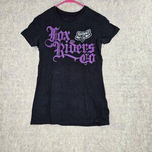 Fox Riders Women Black Graphic T-Shirt Purple Accents Size M Classic Fit Cotton
